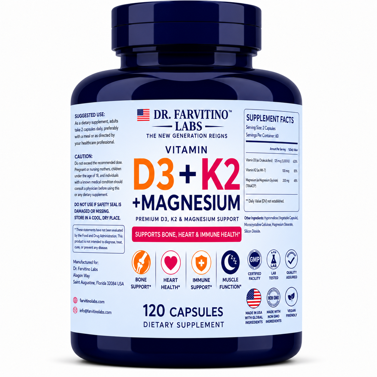 DR. FARVITINO LABS Vitamin D3 + K2 + Magnesium | 10,000 IU Vitamin D3 | MK-7 200 mcg | Albion® TRAACS® Magnesium Bisglycinate Chelate | Bone, Heart, Muscle & Immune Support | 250 Capsules