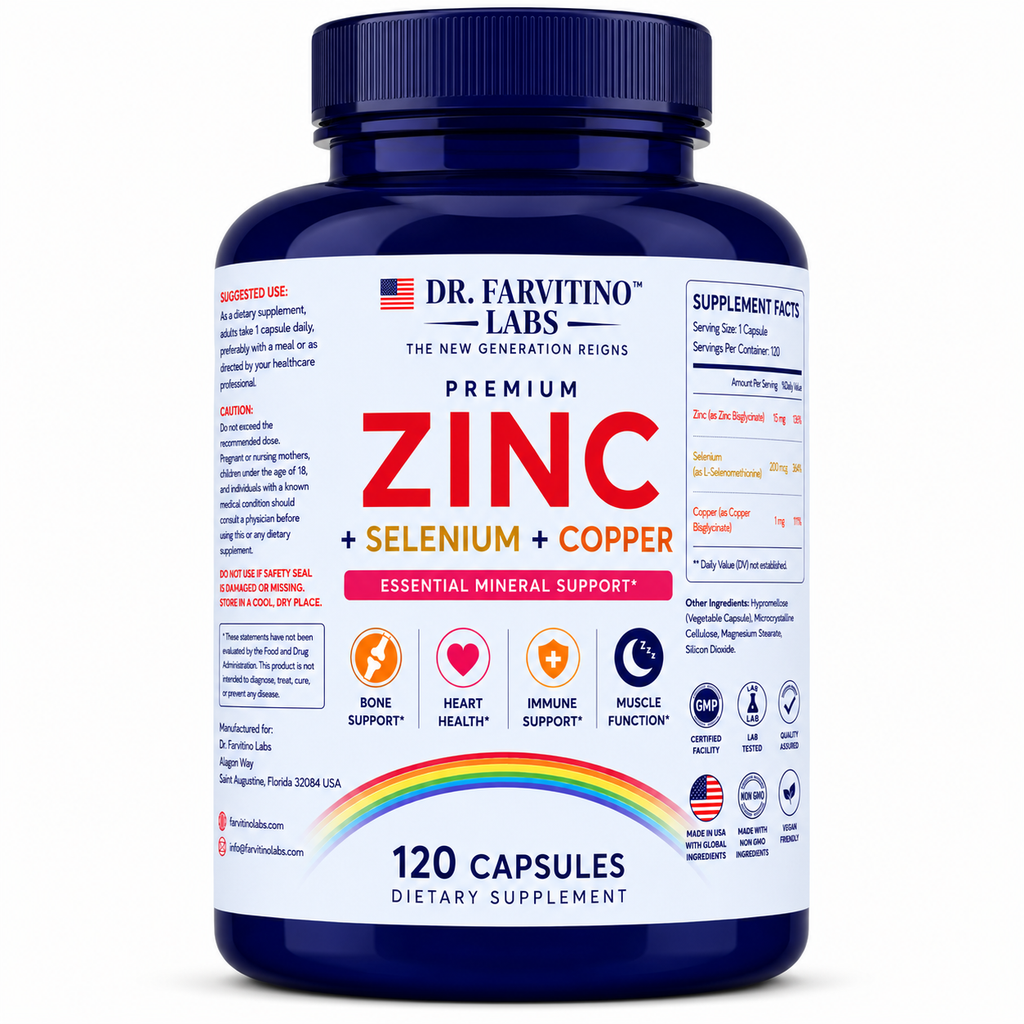 Dr. Farvitino Labs Zinc + Selenium + Copper Supplement, 15 mg Zinc, 200 mcg Selenium, 1 mg, 120 Capsules
