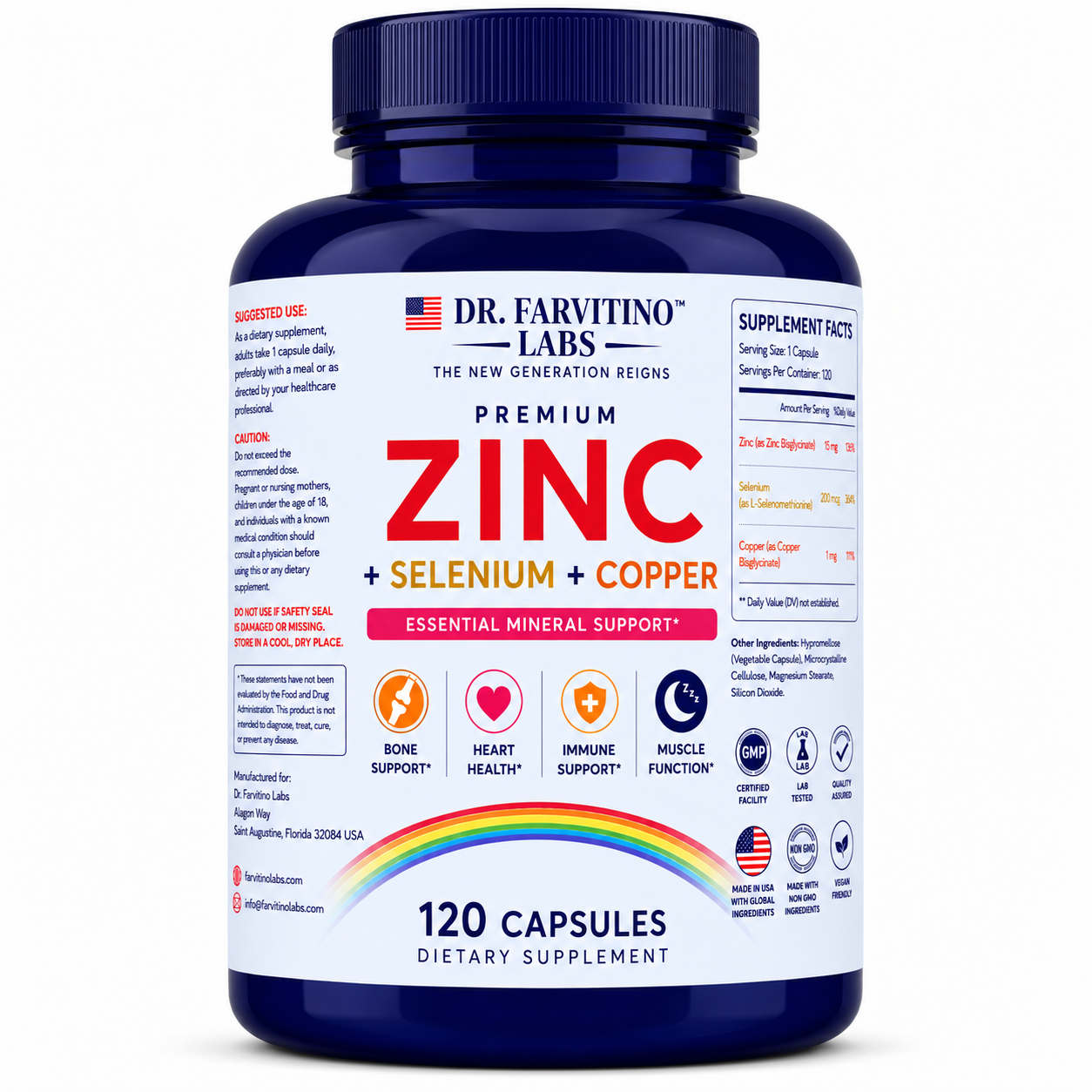 Dr. Farvitino Labs Zinc + Selenium + Copper Supplement, 15 mg Zinc, 200 mcg Selenium, 1 mg, 120 Capsules