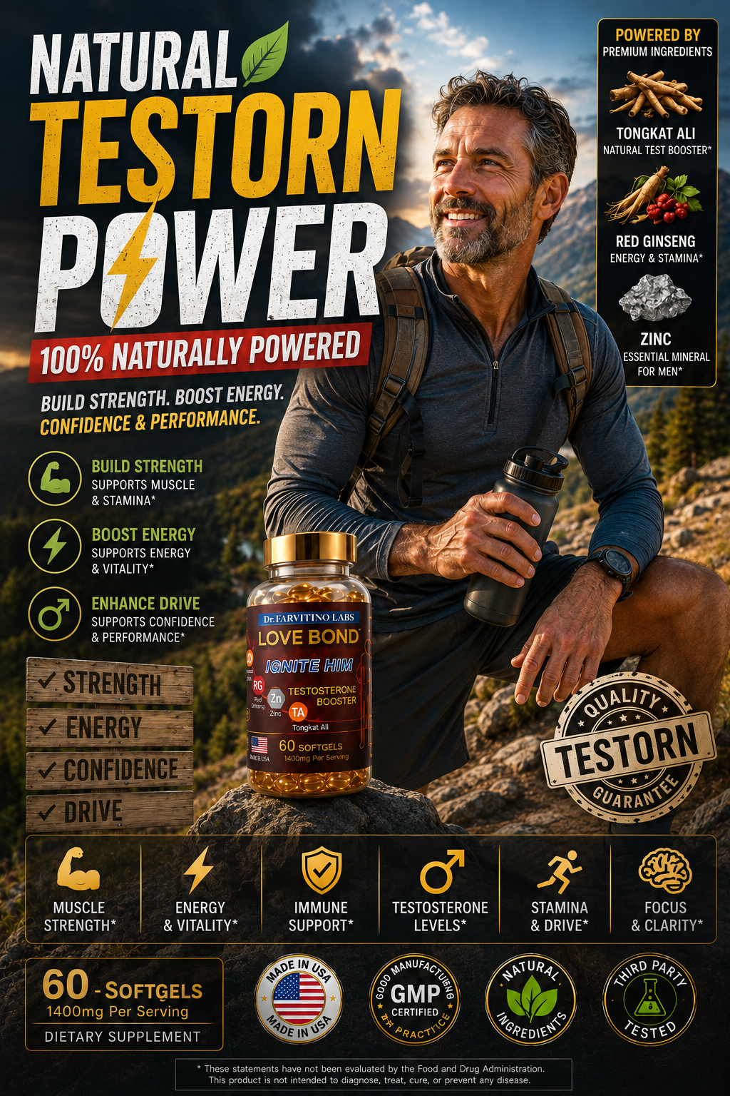 Natural Testosterone Booster for Men – Tongkat Ali, Ashwagandha, Zinc – Strength, Stamina, Drive (60 Softgels)