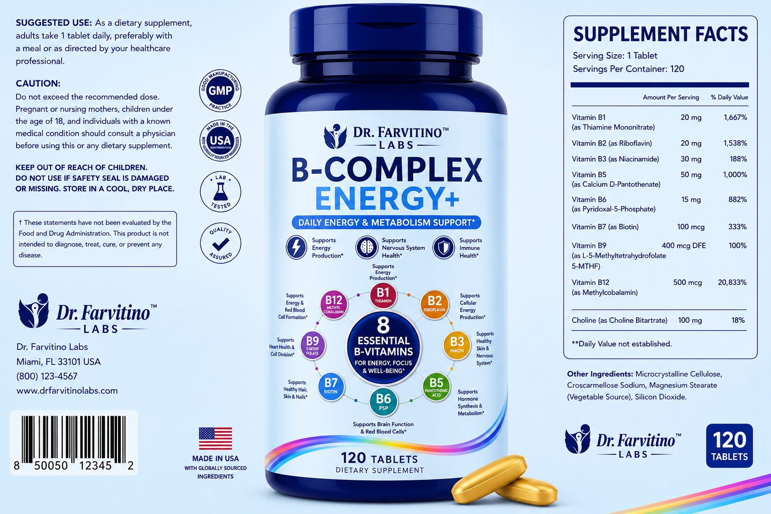 B-Complex Energy+ – Complete Vitamin B Complex with B1, B2, B3, B5, B6, Biotin, 5-MTHF Folate, B12 & Choline – Supports Cellular Energy, Brain Health, Nervous System & Healthy Metabolism – 120 Tablets