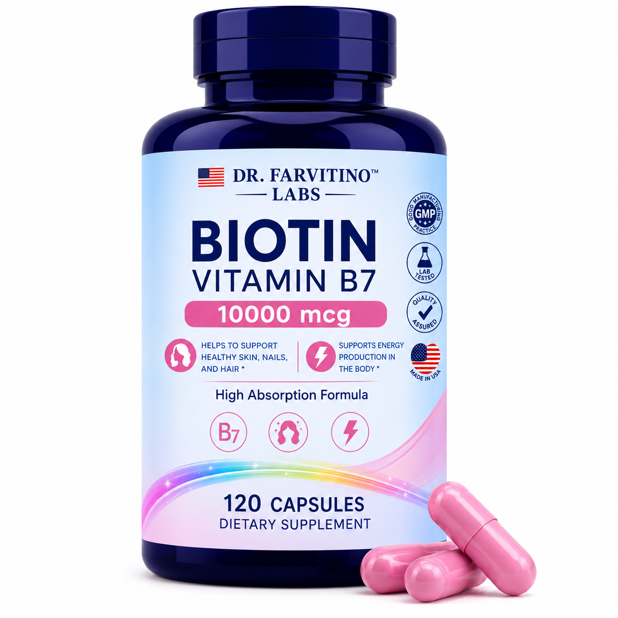 Biotin 10,000 mcg Hair Growth Vitamins for Women & Men - Vitamin B7 Beauty Supplement - Supports Healthy Hair, Skin, Nails & Energy Metabolism - High Absorption - Non-GMO - 120 Capsules