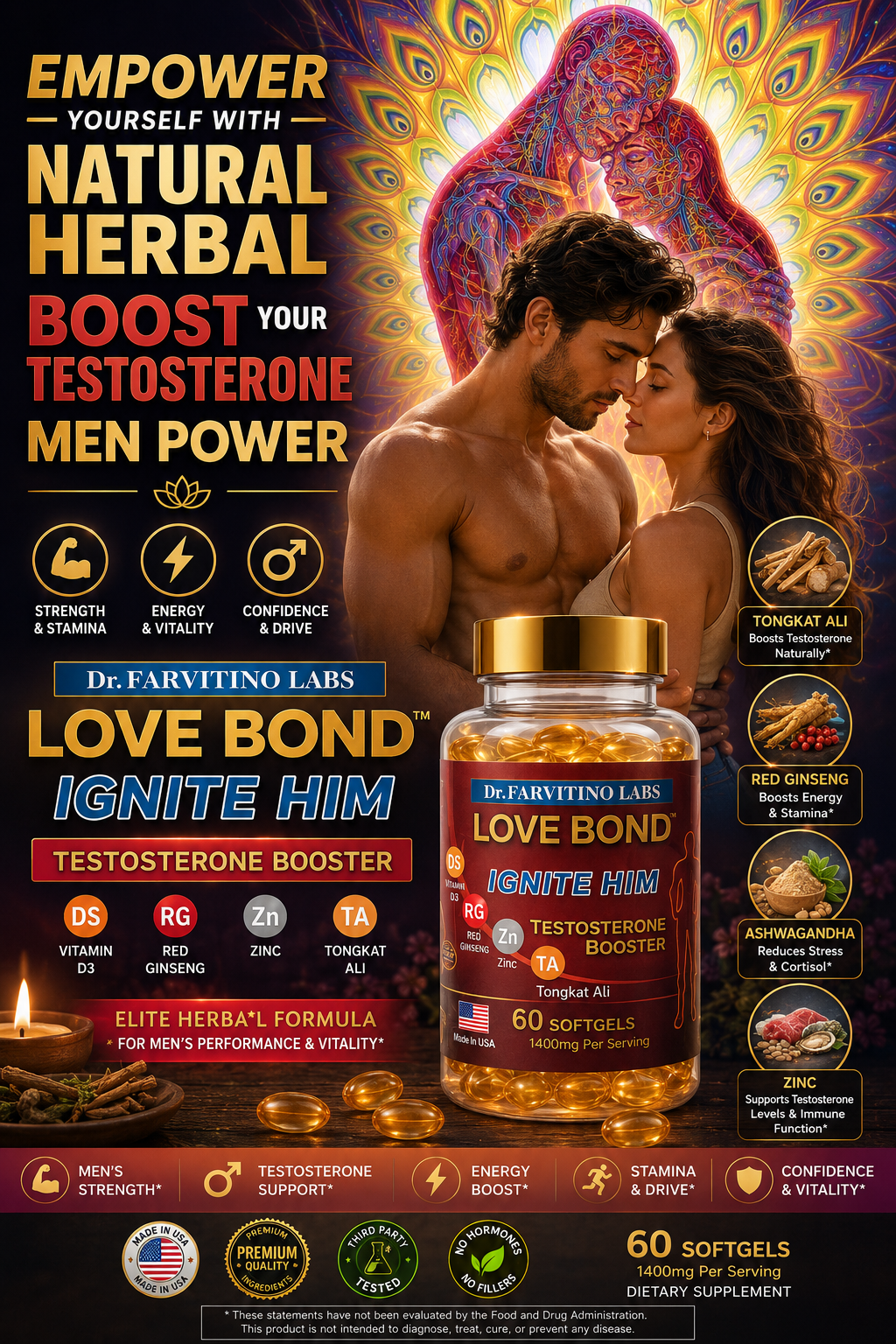 Natural Testosterone Booster for Men – Tongkat Ali, Ashwagandha, Zinc – Strength, Stamina, Drive (60 Softgels)