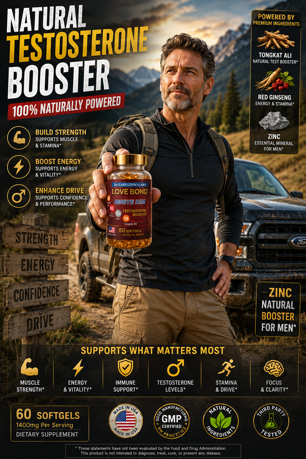 Natural Testosterone Booster for Men – Tongkat Ali, Ashwagandha, Zinc – Strength, Stamina, Drive (60 Softgels)