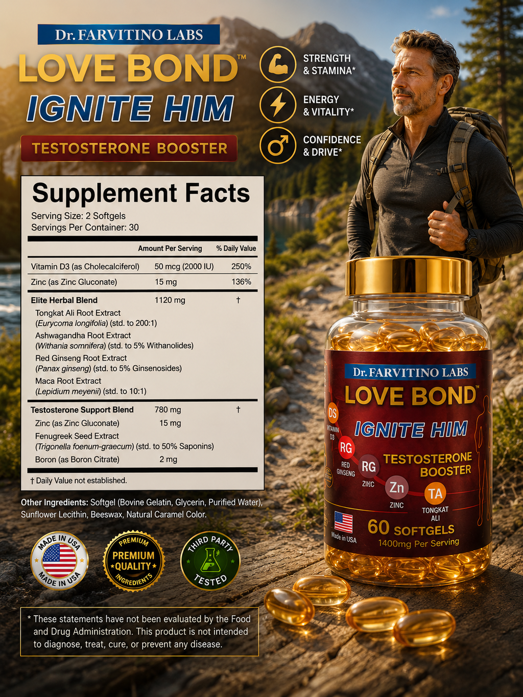 Natural Testosterone Booster for Men – Tongkat Ali, Ashwagandha, Zinc – Strength, Stamina, Drive (60 Softgels)