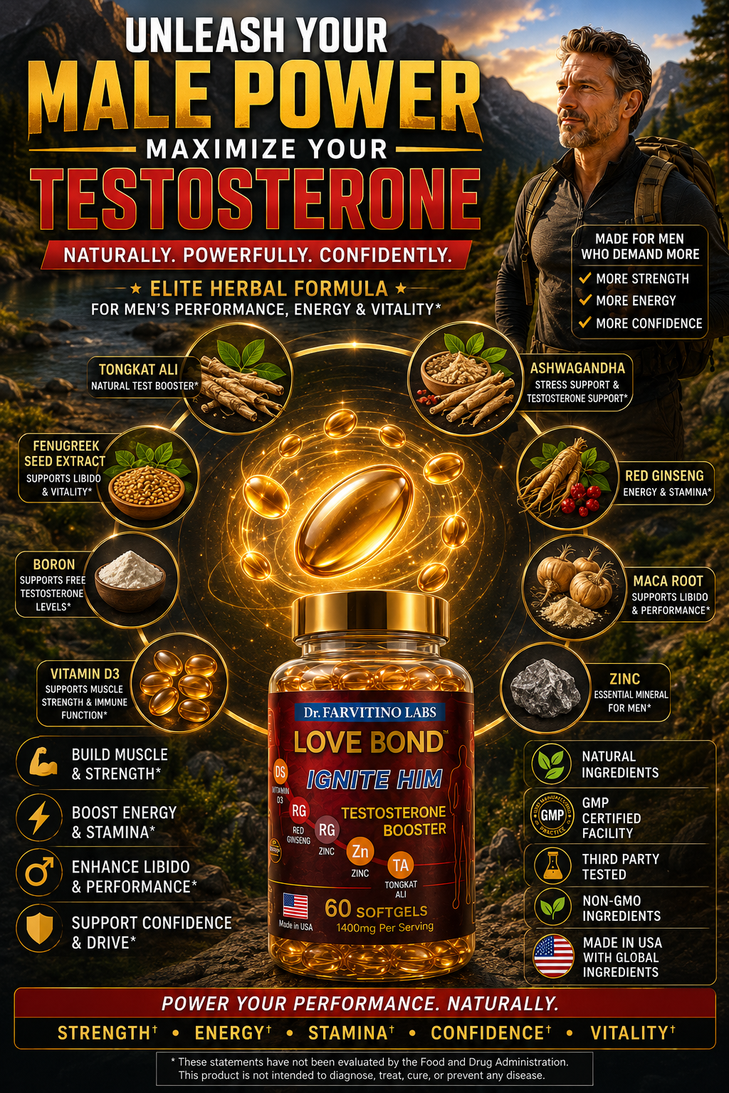 Natural Testosterone Booster for Men – Tongkat Ali, Ashwagandha, Zinc – Strength, Stamina, Drive (60 Softgels)