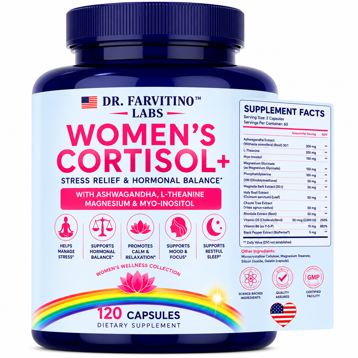 DR. FARVITINO LABS Women's Cortisol+ Stress Relief & Hormonal Balance Supplement – Ashwagandha, L-Theanine, Magnesium Glycinate, Myo-Inositol, DIM – Mood, Sleep & Cortisol Support – 120 Capsule
