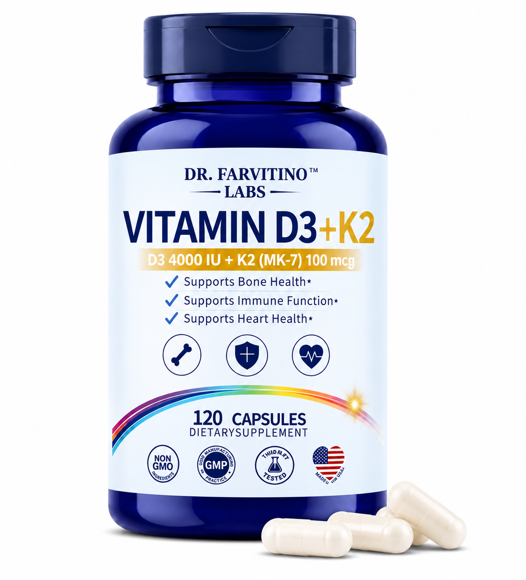 Dr. Farvitino Labs Vitamin D3 + K2 Supplement for Women & Men – 4000 IU Vitamin D3 with MK-7 (100 mcg) – Immune, Bone & Heart Health Support – 120 Capsules – Non-GMO – Made in USA ASIN