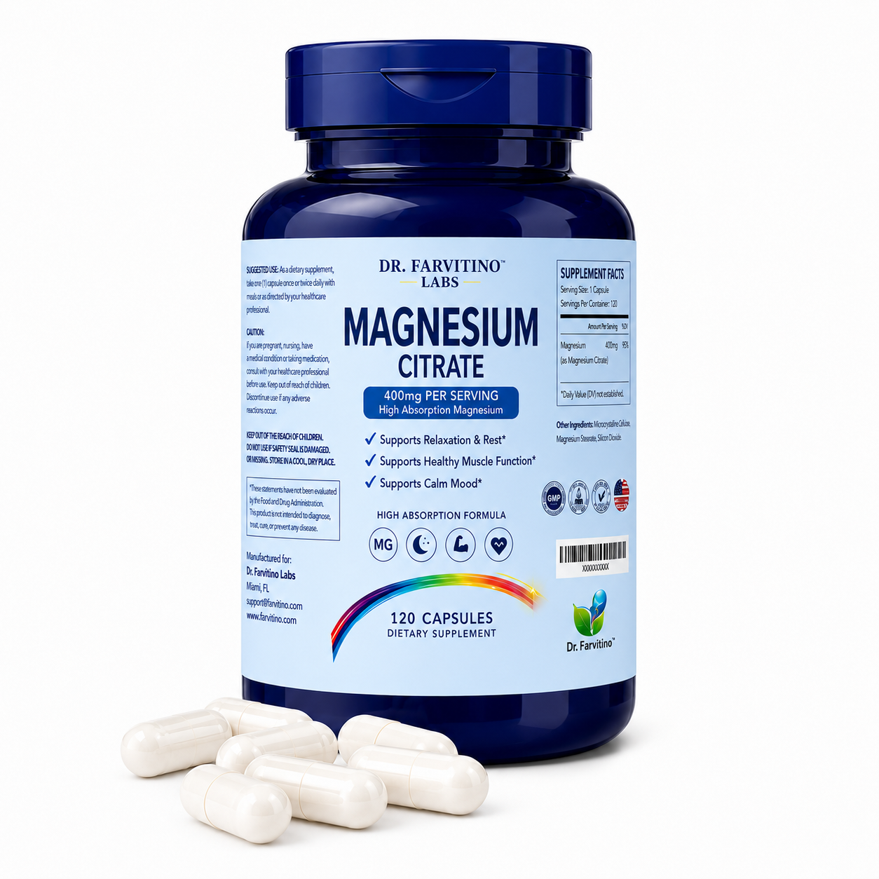 Magnesium Citrate Capsules 400mg – High Absorption Magnesium Supplement – Supports Muscle Function, Relaxation, Calm Mood & Nervous System Health – 120 Capsules – Non-GMO – Made in USA**