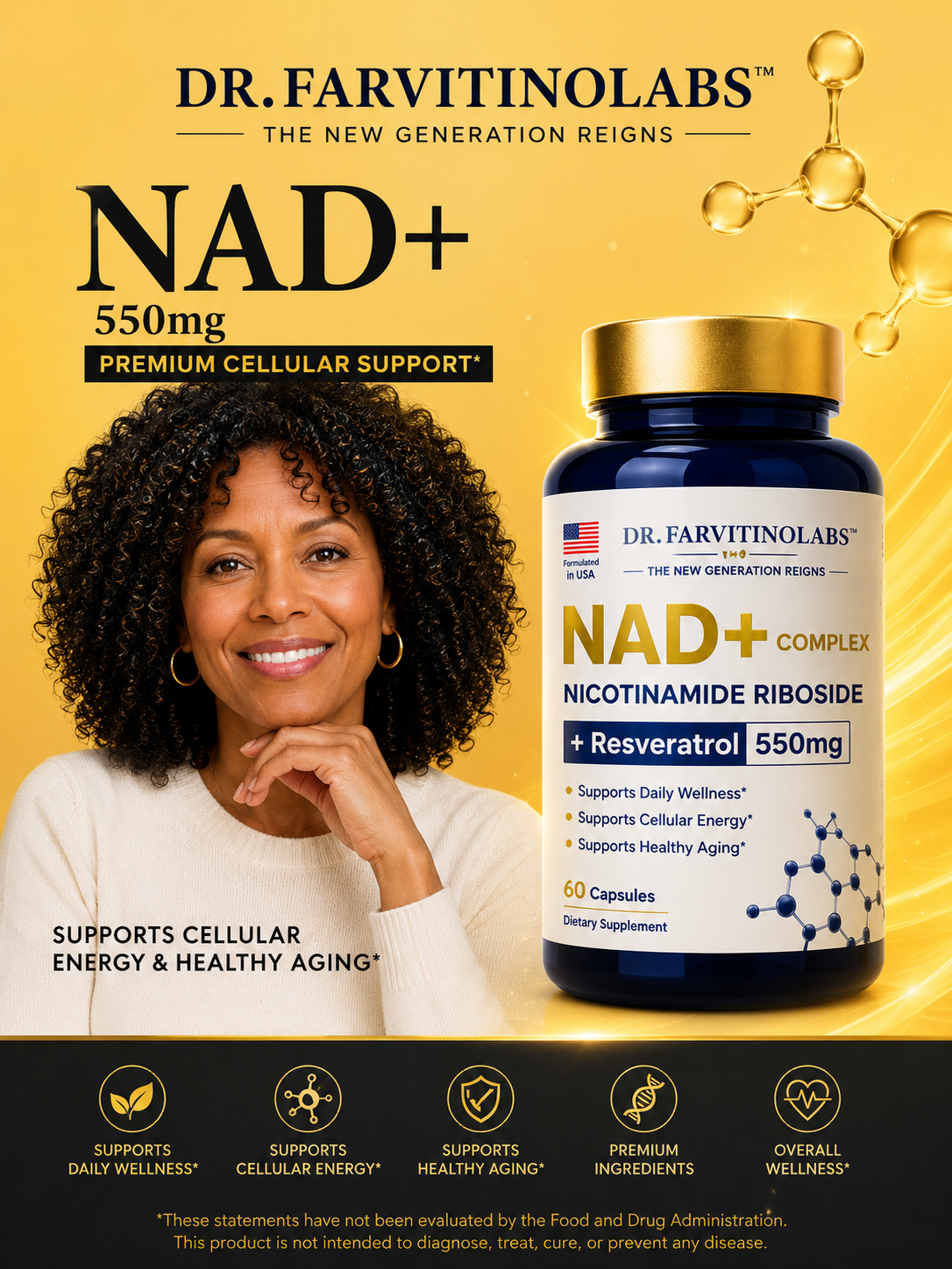 NAD+ Complex 550mg – Cellular Energy & Healthy Aging | Nicotinamide Riboside & Resveratrol | 60 Capsules