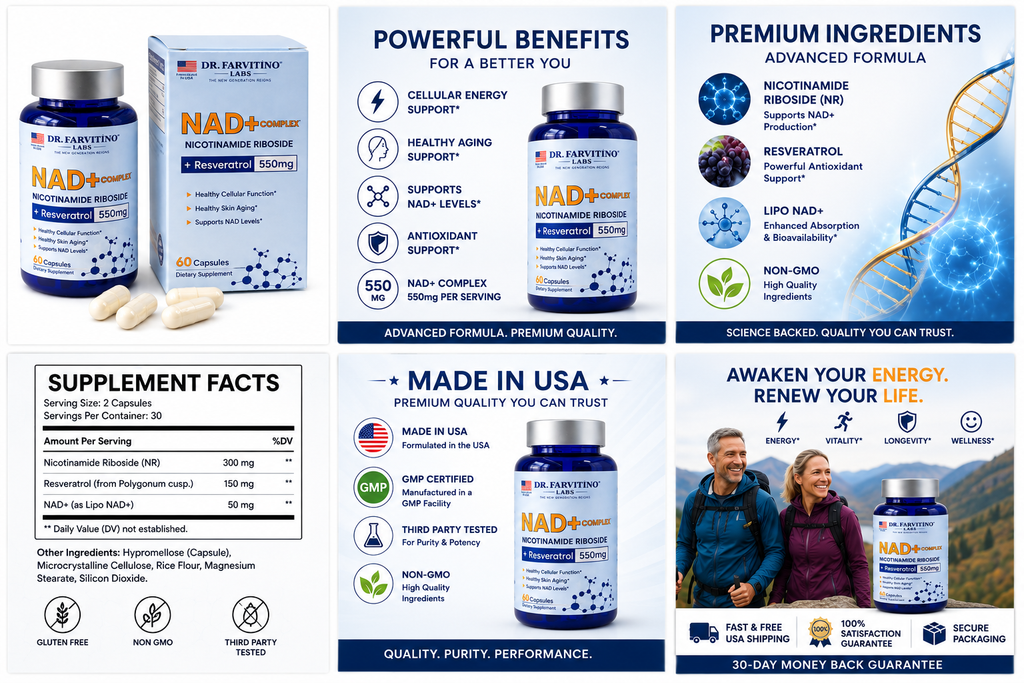 NAD+ Complex 550mg – Cellular Energy & Healthy Aging | Nicotinamide Riboside & Resveratrol | 60 Capsules