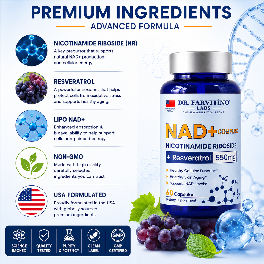 NAD+ Complex 550mg – Cellular Energy & Healthy Aging | Nicotinamide Riboside & Resveratrol | 60 Capsules