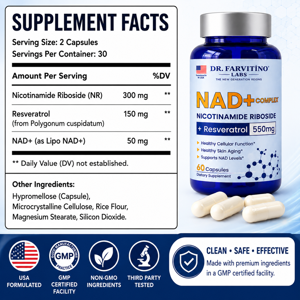 NAD+ Complex 550mg – Cellular Energy & Healthy Aging | Nicotinamide Riboside & Resveratrol | 60 Capsules