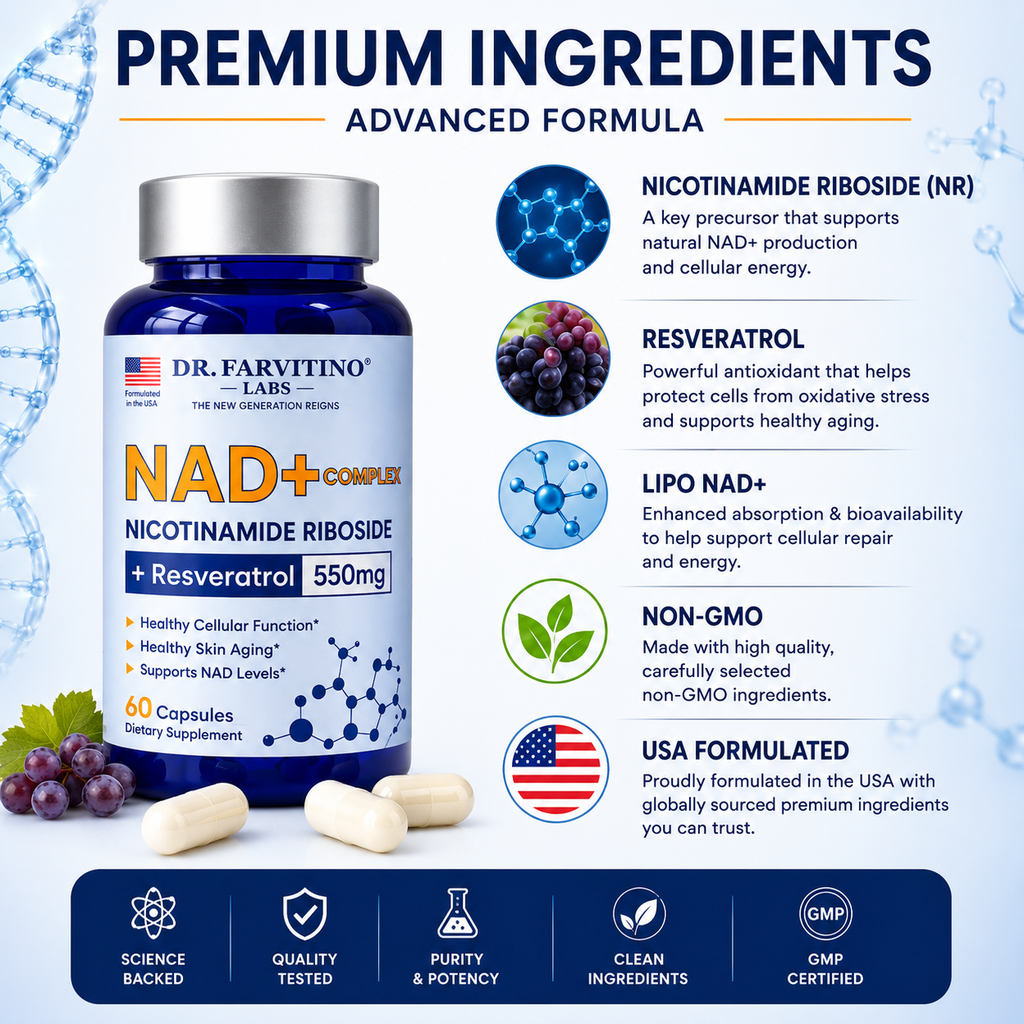 NAD+ Complex 550mg – Cellular Energy & Healthy Aging | Nicotinamide Riboside & Resveratrol | 60 Capsules