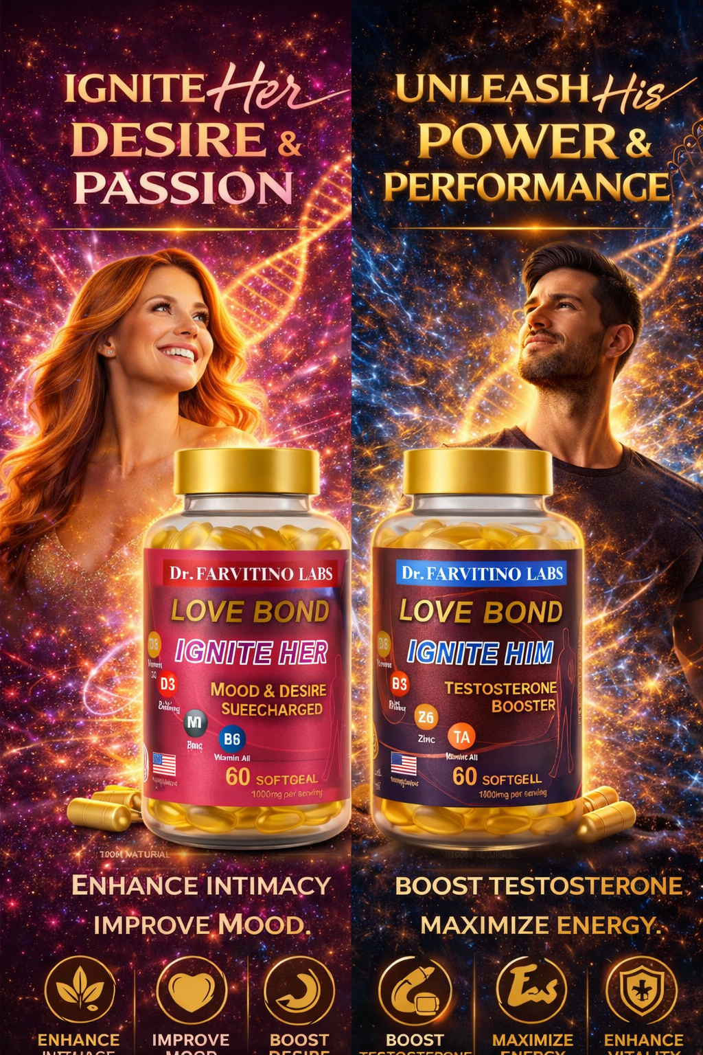 Men & Women Hormonal Support Bundle – Testosterone for Him & Estrogen Balance for Her, Energy, Mood, Vitality & Desire