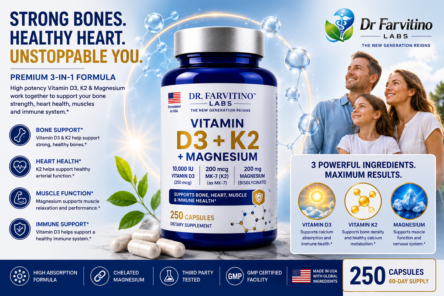 DR. FARVITINO LABS Vitamin D3 + K2 + Magnesium | 10,000 IU Vitamin D3 | MK-7 200 mcg | Albion® TRAACS® Magnesium Bisglycinate Chelate | Bone, Heart, Muscle & Immune Support | 250 Capsules