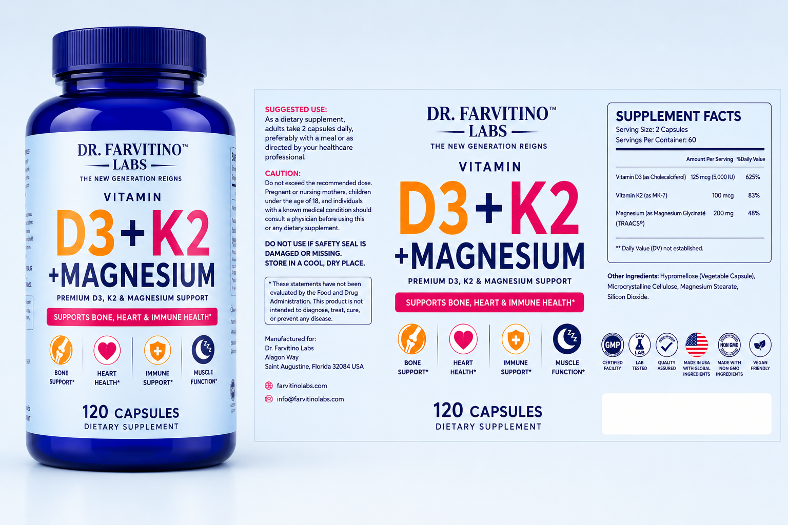 DR. FARVITINO LABS Vitamin D3 + K2 + Magnesium | 10,000 IU Vitamin D3 | MK-7 200 mcg | Albion® TRAACS® Magnesium Bisglycinate Chelate | Bone, Heart, Muscle & Immune Support | 250 Capsules