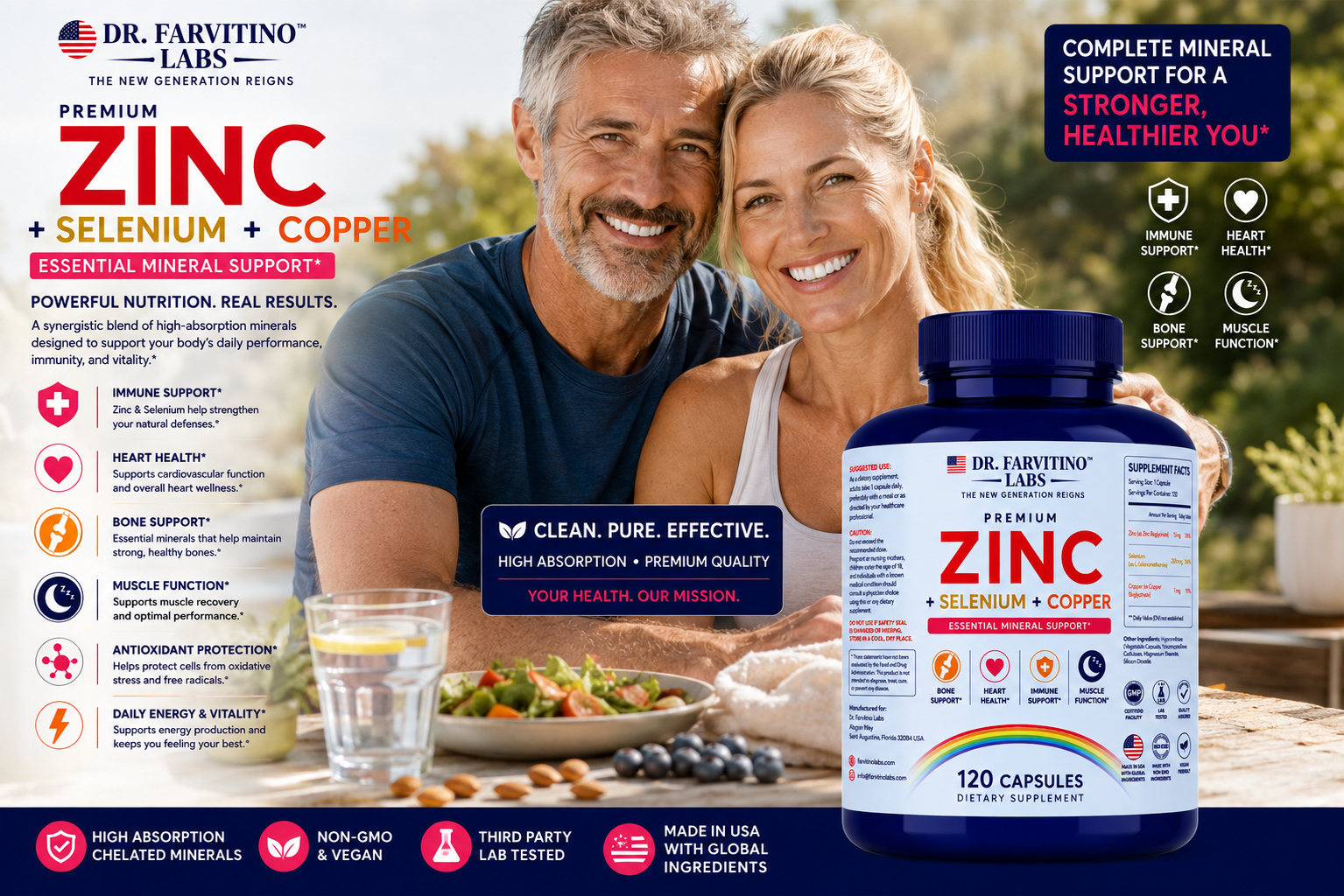 Dr. Farvitino Labs Zinc + Selenium + Copper Supplement, 15 mg Zinc, 200 mcg Selenium, 1 mg, 120 Capsules