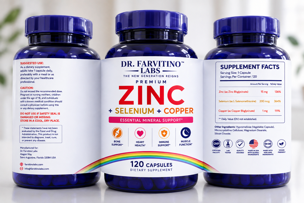 Dr. Farvitino Labs Zinc + Selenium + Copper Supplement, 15 mg Zinc, 200 mcg Selenium, 1 mg, 120 Capsules