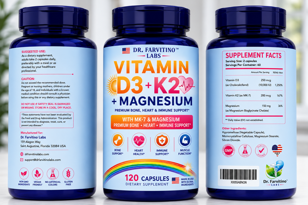 DR. FARVITINO LABS Vitamin D3 + K2 + Magnesium | 10,000 IU Vitamin D3 | MK-7 200 mcg | Albion® TRAACS® Magnesium Bisglycinate Chelate | Bone, Heart, Muscle & Immune Support | 250 Capsules