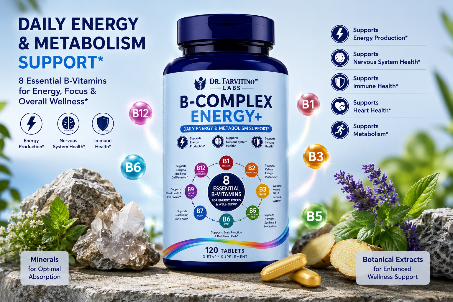 B-Complex Energy+ – Complete Vitamin B Complex with B1, B2, B3, B5, B6, Biotin, 5-MTHF Folate, B12 & Choline – Supports Cellular Energy, Brain Health, Nervous System & Healthy Metabolism – 120 Tablets