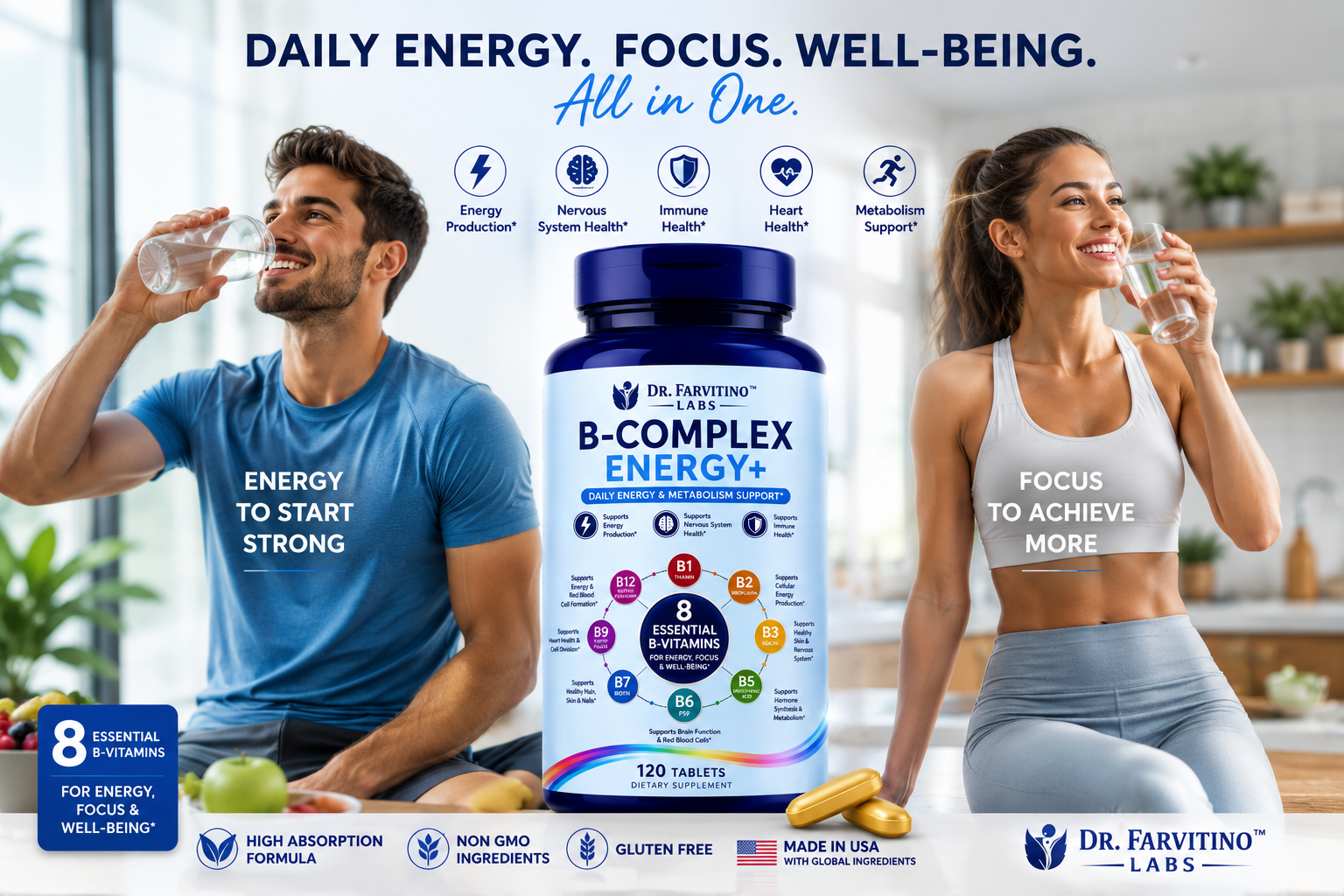 B-Complex Energy+ – Complete Vitamin B Complex with B1, B2, B3, B5, B6, Biotin, 5-MTHF Folate, B12 & Choline – Supports Cellular Energy, Brain Health, Nervous System & Healthy Metabolism – 120 Tablets