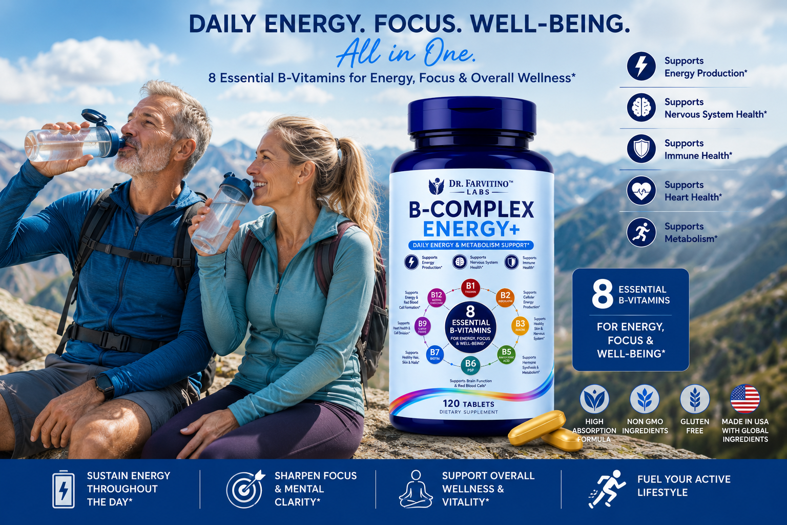 B-Complex Energy+ – Complete Vitamin B Complex with B1, B2, B3, B5, B6, Biotin, 5-MTHF Folate, B12 & Choline – Supports Cellular Energy, Brain Health, Nervous System & Healthy Metabolism – 120 Tablets