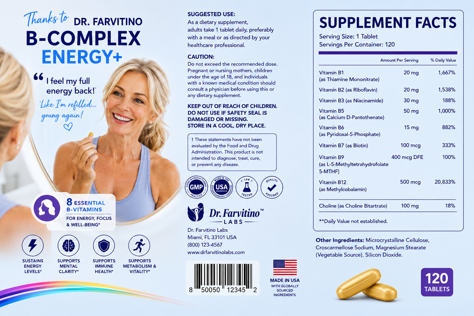 B-Complex Energy+ – Complete Vitamin B Complex with B1, B2, B3, B5, B6, Biotin, 5-MTHF Folate, B12 & Choline – Supports Cellular Energy, Brain Health, Nervous System & Healthy Metabolism – 120 Tablets