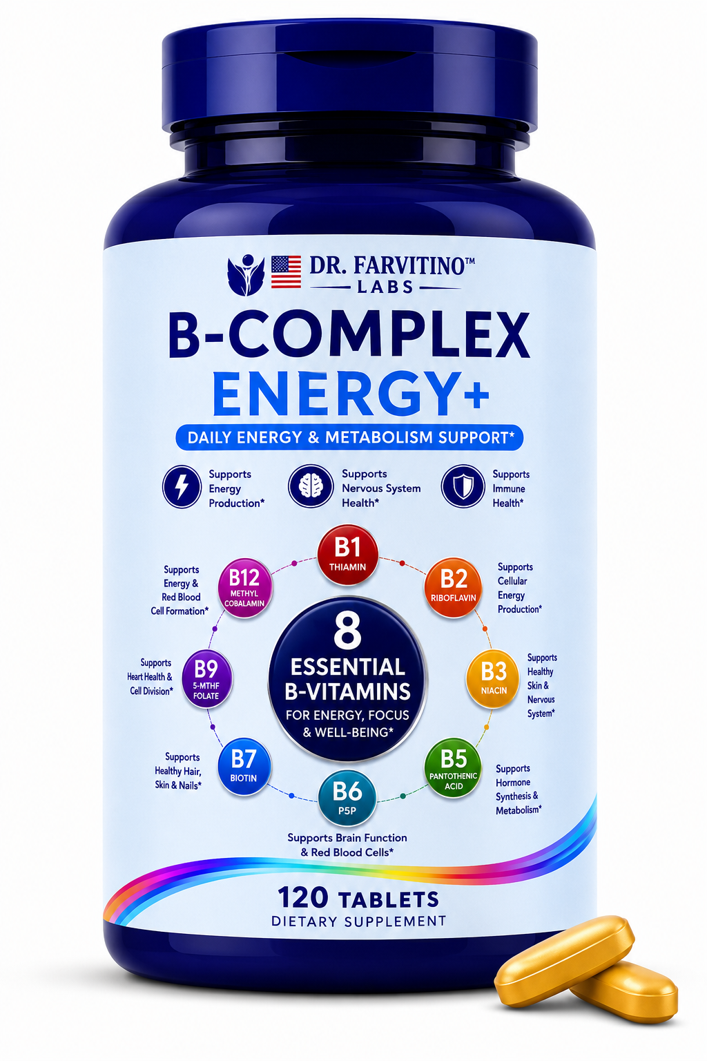 B-Complex Energy+ – Complete Vitamin B Complex with B1, B2, B3, B5, B6, Biotin, 5-MTHF Folate, B12 & Choline – Supports Cellular Energy, Brain Health, Nervous System & Healthy Metabolism – 120 Tablets