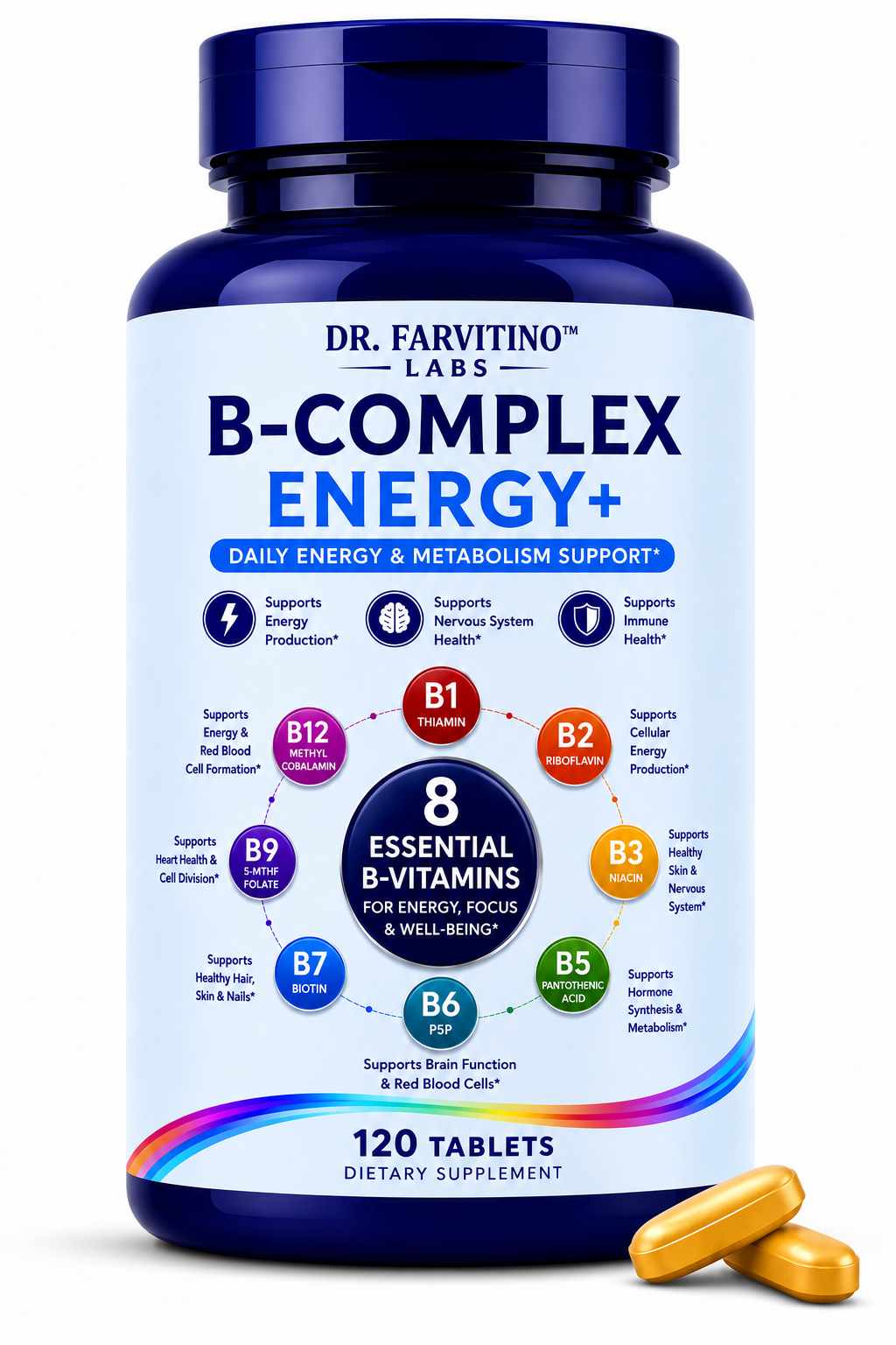B-Complex Energy+ – Complete Vitamin B Complex with B1, B2, B3, B5, B6, Biotin, 5-MTHF Folate, B12 & Choline – Supports Cellular Energy, Brain Health, Nervous System & Healthy Metabolism – 120 Tablets