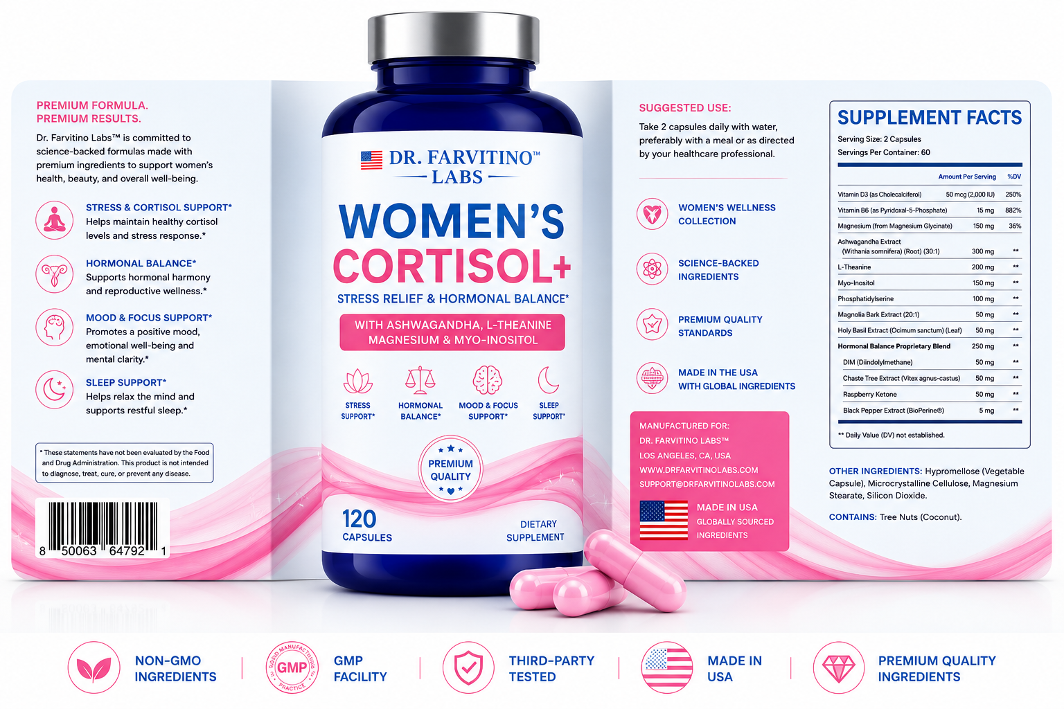 DR. FARVITINO LABS Women's Cortisol+ Stress Relief & Hormonal Balance Supplement – Ashwagandha, L-Theanine, Magnesium Glycinate, Myo-Inositol, DIM – Mood, Sleep & Cortisol Support – 120 Capsule