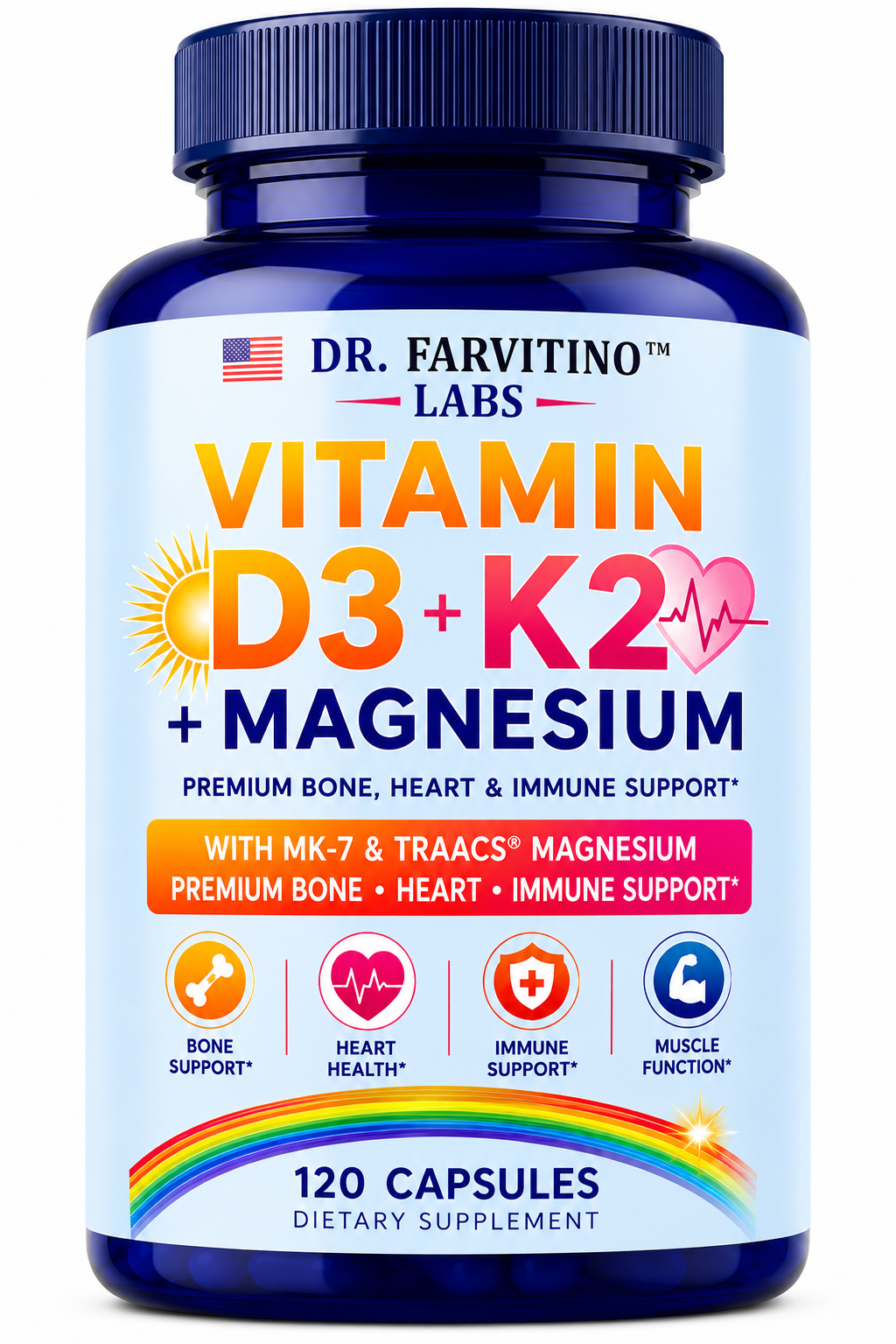 DR. FARVITINO LABS Vitamin D3 + K2 + Magnesium | 10,000 IU Vitamin D3 | MK-7 200 mcg | Albion® TRAACS® Magnesium Bisglycinate Chelate | Bone, Heart, Muscle & Immune Support | 250 Capsules
