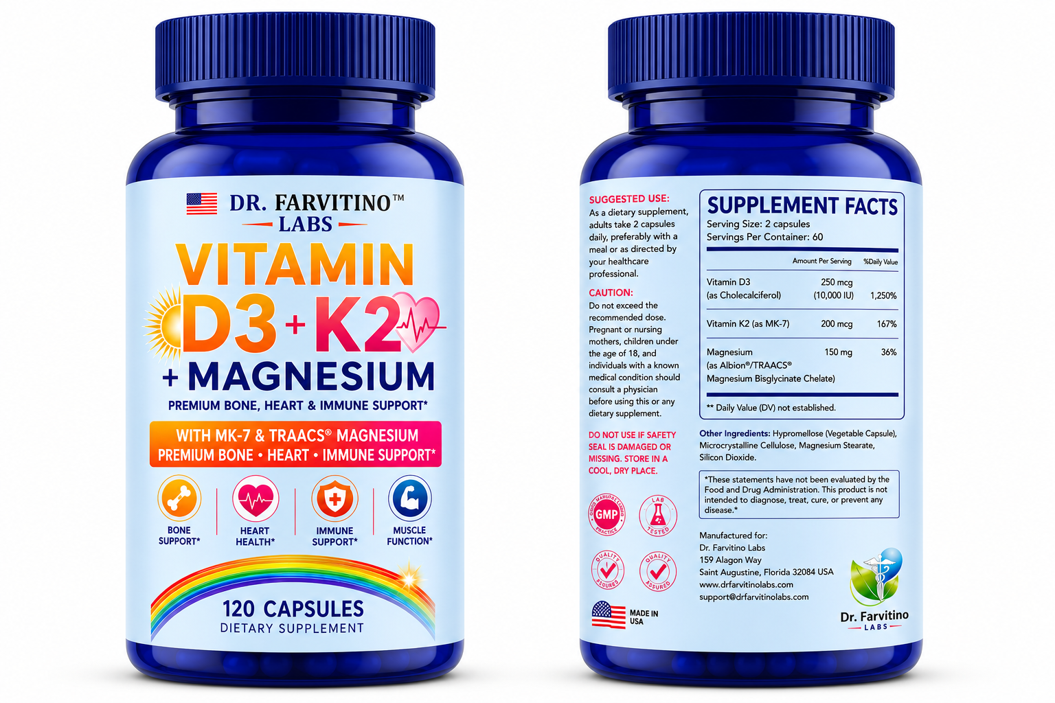 DR. FARVITINO LABS Vitamin D3 + K2 + Magnesium | 10,000 IU Vitamin D3 | MK-7 200 mcg | Albion® TRAACS® Magnesium Bisglycinate Chelate | Bone, Heart, Muscle & Immune Support | 250 Capsules