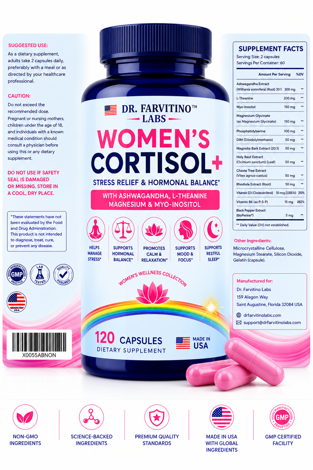 DR. FARVITINO LABS Women's Cortisol+ Stress Relief & Hormonal Balance Supplement – Ashwagandha, L-Theanine, Magnesium Glycinate, Myo-Inositol, DIM – Mood, Sleep & Cortisol Support – 120 Capsule