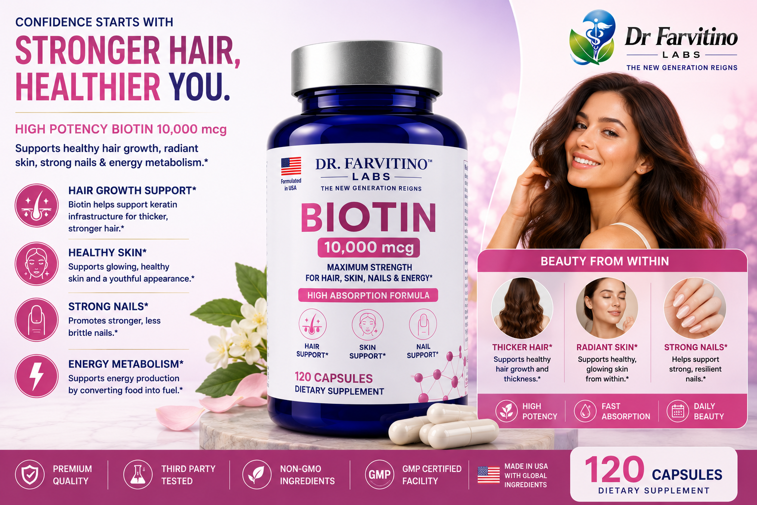Biotin 10,000 mcg Hair Growth Vitamins for Women & Men - Vitamin B7 Beauty Supplement - Supports Healthy Hair, Skin, Nails & Energy Metabolism - High Absorption - Non-GMO - 120 Capsules