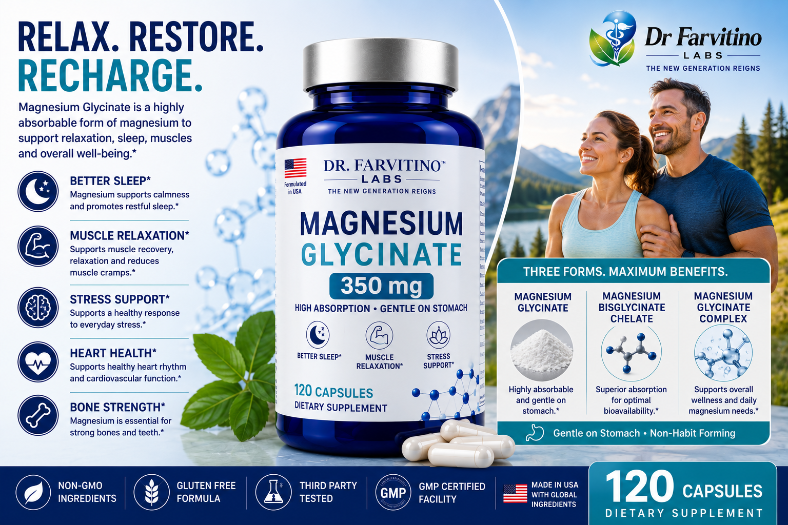 Magnesium Glycinate 350mg - High Absorption Chelated Magnesium Supplement for Sleep, Calm, Muscle Relaxation, Healthy Heart, Bone & Nerve Support for Women & Men - 120 Capsules