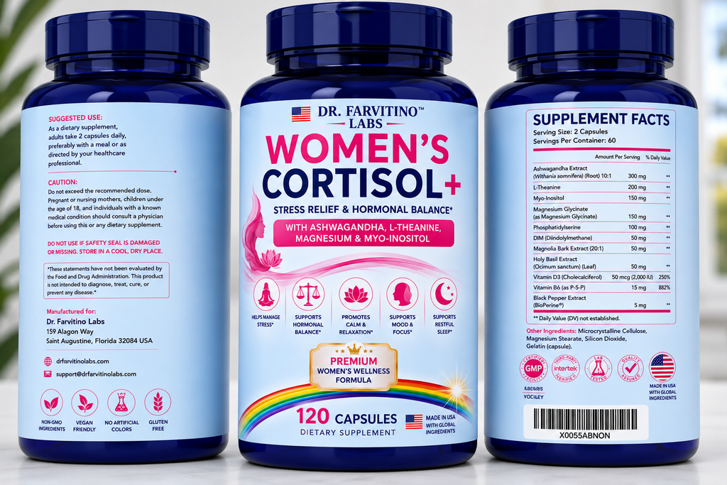 DR. FARVITINO LABS Women's Cortisol+ Stress Relief & Hormonal Balance Supplement – Ashwagandha, L-Theanine, Magnesium Glycinate, Myo-Inositol, DIM – Mood, Sleep & Cortisol Support – 120 Capsule