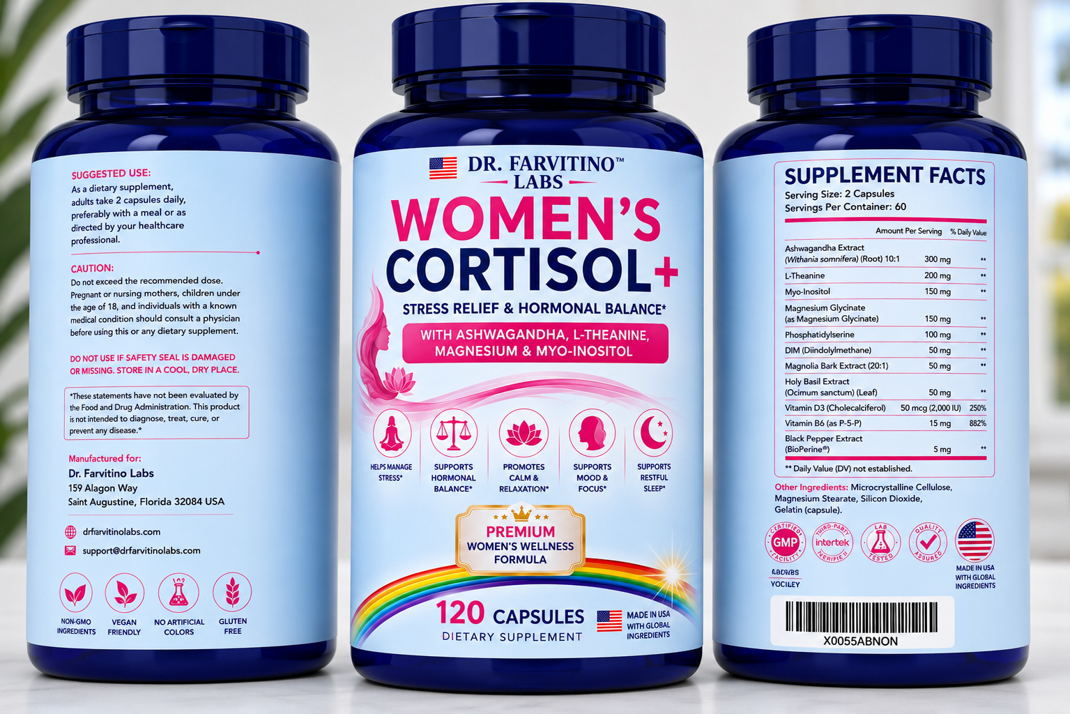 DR. FARVITINO LABS Women's Cortisol+ Stress Relief & Hormonal Balance Supplement – Ashwagandha, L-Theanine, Magnesium Glycinate, Myo-Inositol, DIM – Mood, Sleep & Cortisol Support – 120 Capsule