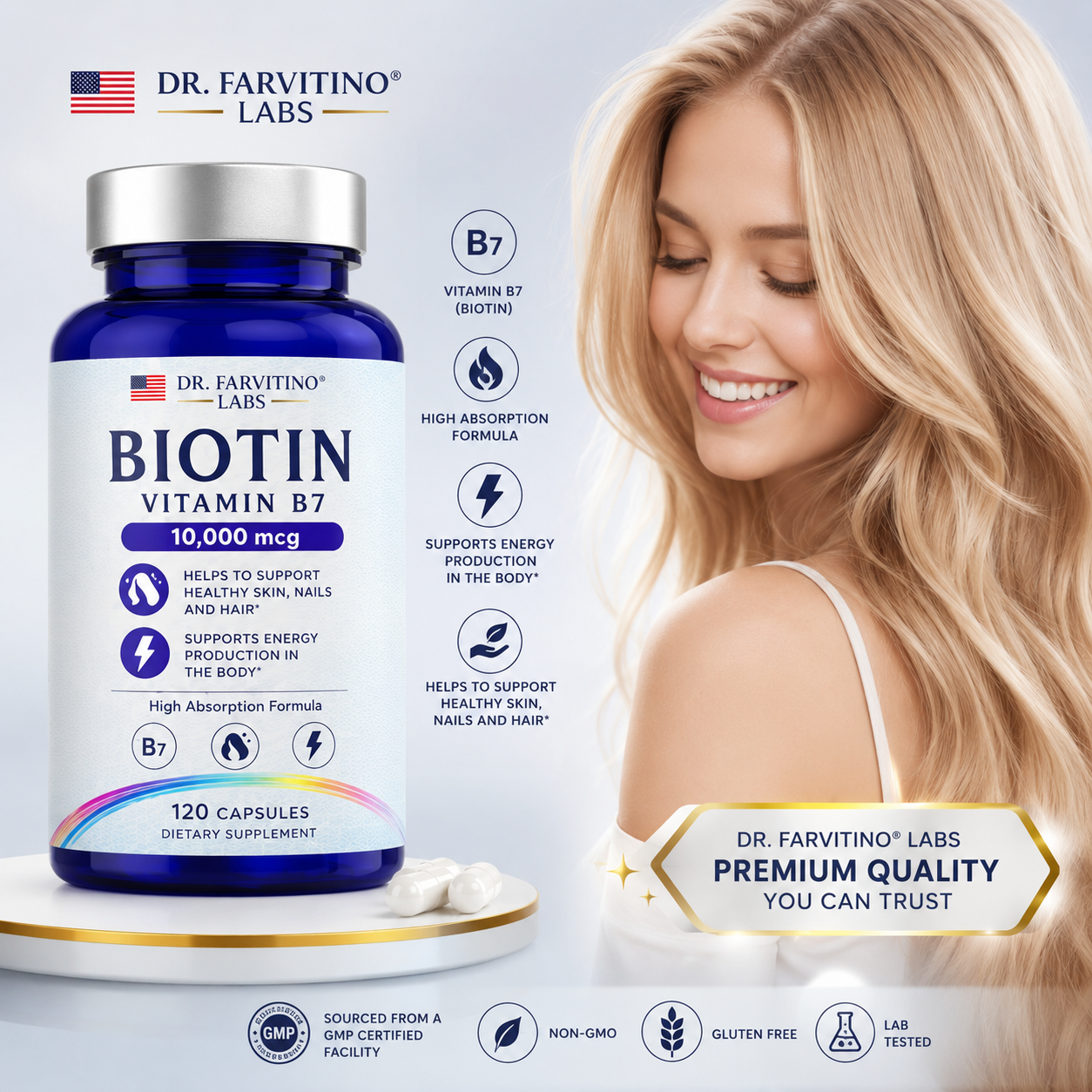 Biotin 10,000 mcg Hair Growth Vitamins for Women & Men - Vitamin B7 Beauty Supplement - Supports Healthy Hair, Skin, Nails & Energy Metabolism - High Absorption - Non-GMO - 120 Capsules