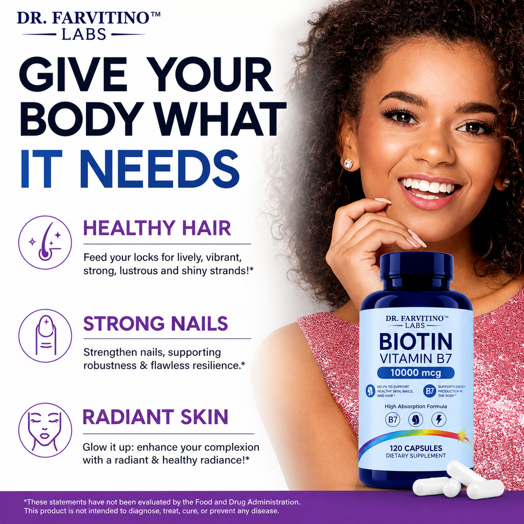 Biotin 10,000 mcg Hair Growth Vitamins for Women & Men - Vitamin B7 Beauty Supplement - Supports Healthy Hair, Skin, Nails & Energy Metabolism - High Absorption - Non-GMO - 120 Capsules