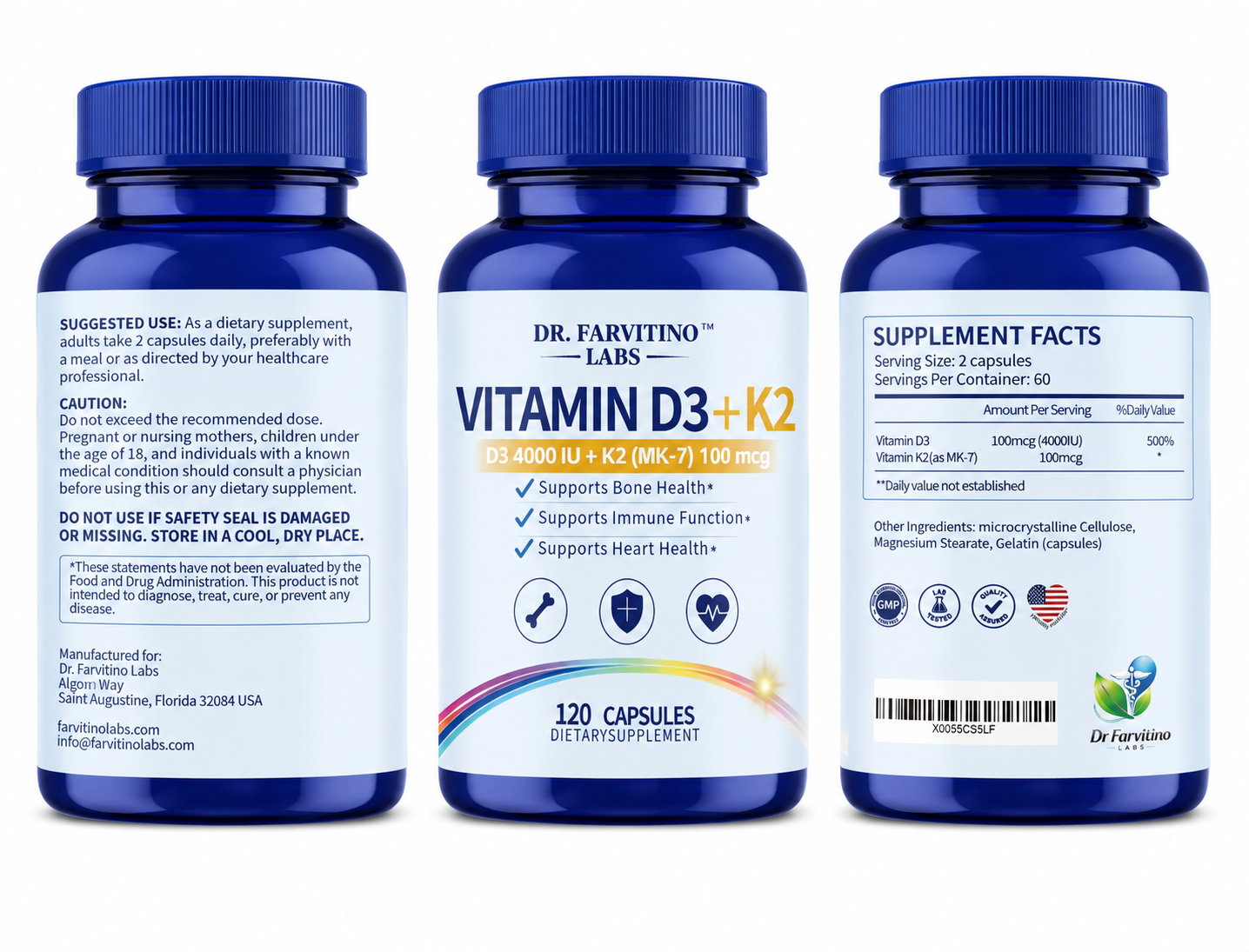 Dr. Farvitino Labs Vitamin D3 + K2 Supplement for Women & Men – 4000 IU Vitamin D3 with MK-7 (100 mcg) – Immune, Bone & Heart Health Support – 120 Capsules – Non-GMO – Made in USA ASIN