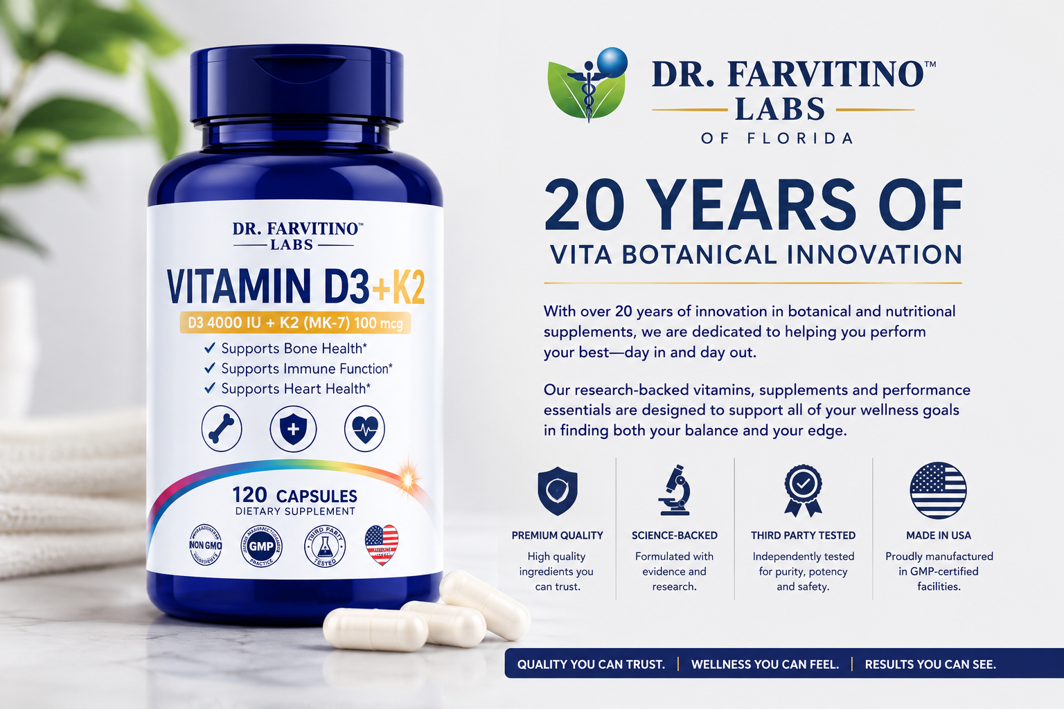 Dr. Farvitino Labs Vitamin D3 + K2 Supplement for Women & Men – 4000 IU Vitamin D3 with MK-7 (100 mcg) – Immune, Bone & Heart Health Support – 120 Capsules – Non-GMO – Made in USA ASIN