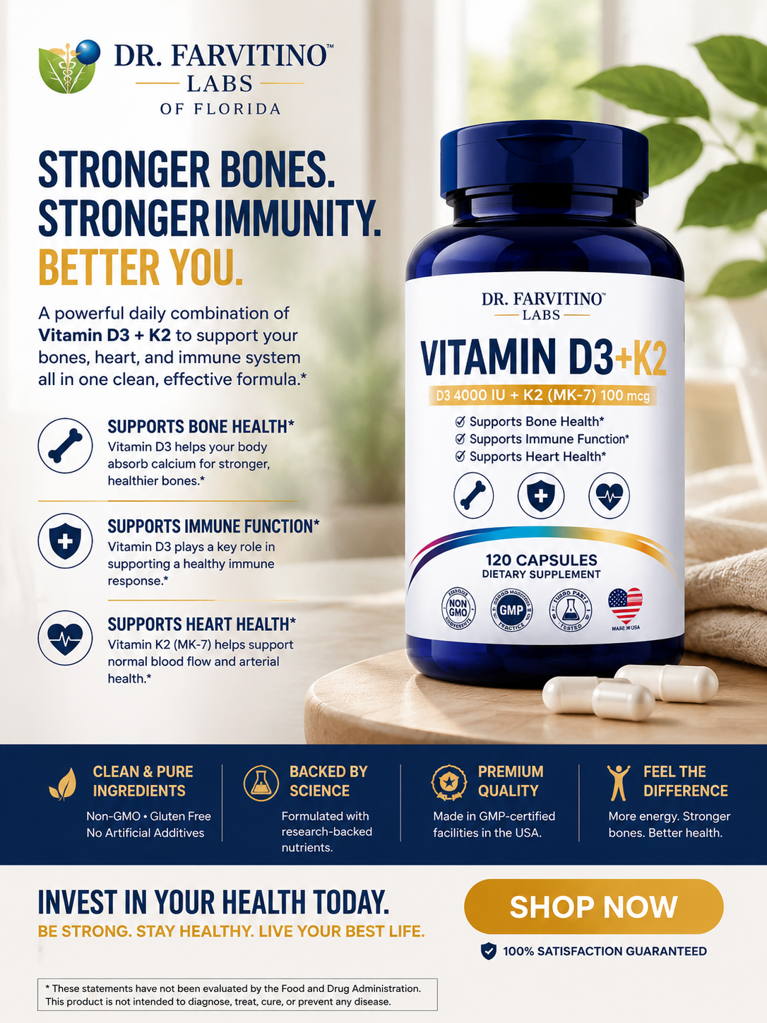 Dr. Farvitino Labs Vitamin D3 + K2 Supplement for Women & Men – 4000 IU Vitamin D3 with MK-7 (100 mcg) – Immune, Bone & Heart Health Support – 120 Capsules – Non-GMO – Made in USA ASIN