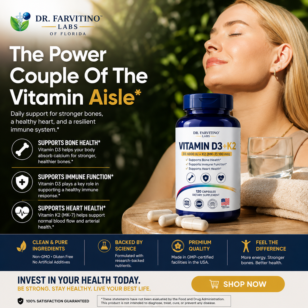 Dr. Farvitino Labs Vitamin D3 + K2 Supplement for Women & Men – 4000 IU Vitamin D3 with MK-7 (100 mcg) – Immune, Bone & Heart Health Support – 120 Capsules – Non-GMO – Made in USA ASIN