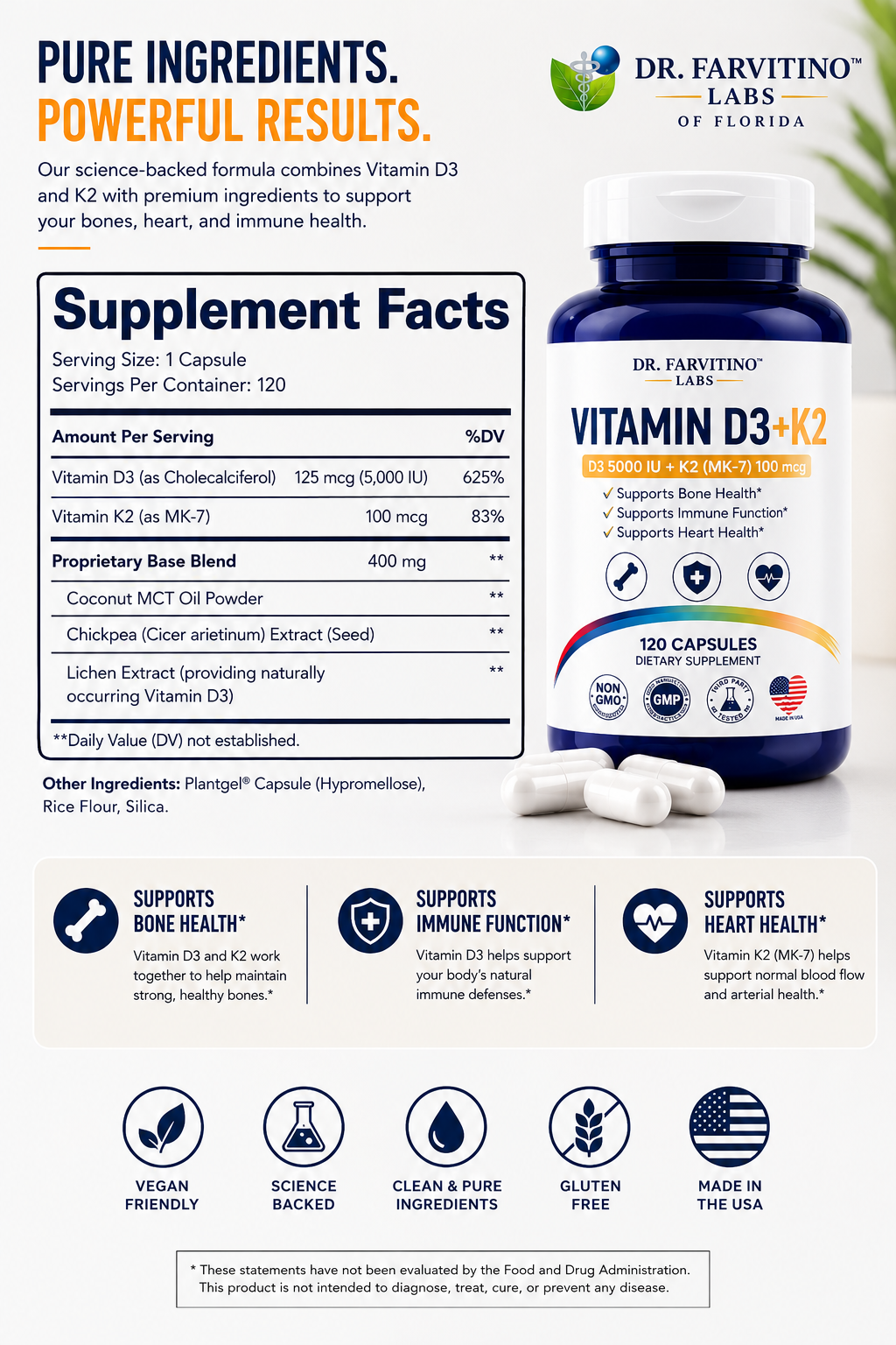 Dr. Farvitino Labs Vitamin D3 + K2 Supplement for Women & Men – 4000 IU Vitamin D3 with MK-7 (100 mcg) – Immune, Bone & Heart Health Support – 120 Capsules – Non-GMO – Made in USA ASIN