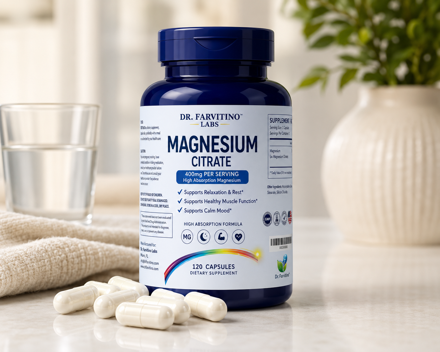 Magnesium Citrate Capsules 400mg – High Absorption Magnesium Supplement – Supports Muscle Function, Relaxation, Calm Mood & Nervous System Health – 120 Capsules – Non-GMO – Made in USA**