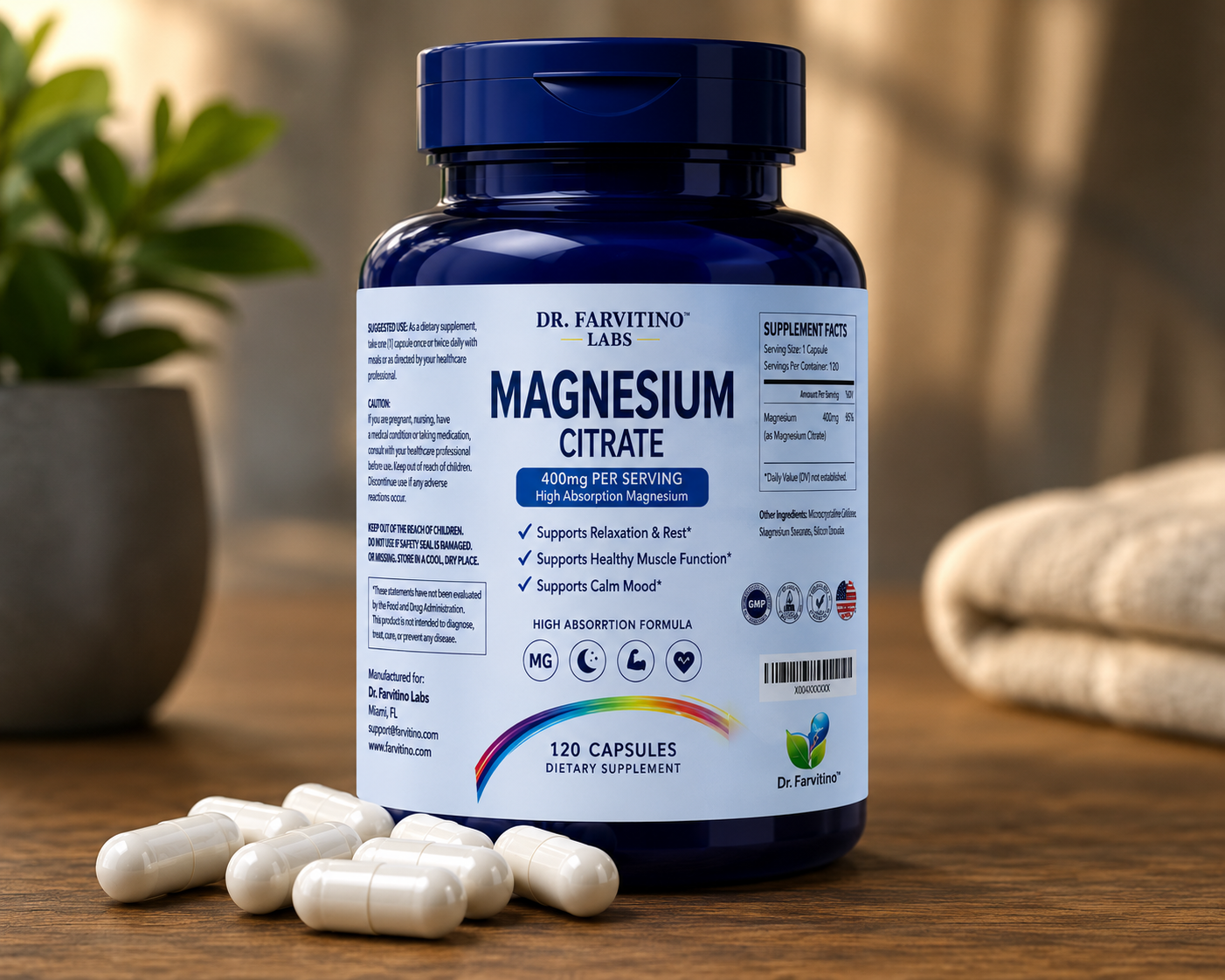 Magnesium Citrate Capsules 400mg – High Absorption Magnesium Supplement – Supports Muscle Function, Relaxation, Calm Mood & Nervous System Health – 120 Capsules – Non-GMO – Made in USA**