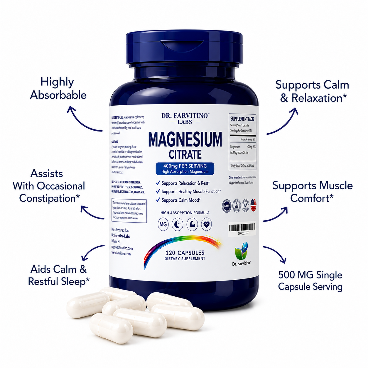 Magnesium Citrate Capsules 400mg – High Absorption Magnesium Supplement – Supports Muscle Function, Relaxation, Calm Mood & Nervous System Health – 120 Capsules – Non-GMO – Made in USA**