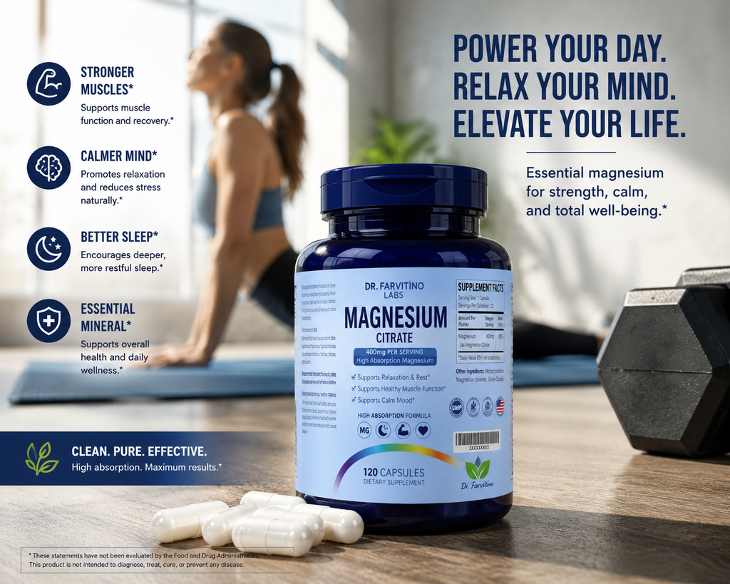 Magnesium Citrate Capsules 400mg – High Absorption Magnesium Supplement – Supports Muscle Function, Relaxation, Calm Mood & Nervous System Health – 120 Capsules – Non-GMO – Made in USA**
