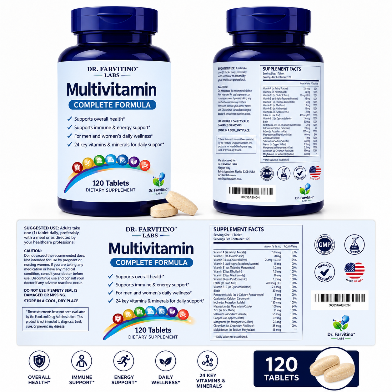 DR. FARVITINO LABS Multivitamin for Men & Women – Daily Multivitamin with Vitamins A, C, D3, E, B-Complex & Zinc – Supports Energy, Immune, Brain, Heart & Eye Health – 120 Tablets